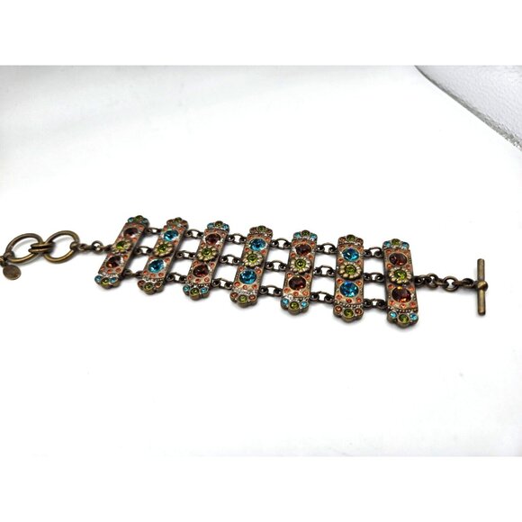 MYKA panel bracelet with multi color Swarovski crystals on bronze 7.5 inch - Picture 3 of 8